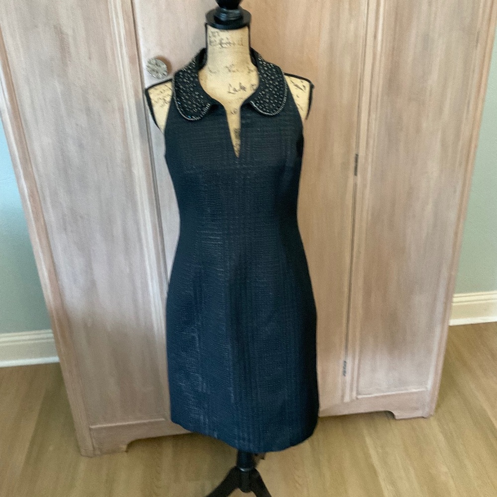 Laundry Shelli Segal black metallic houndstooth cocktail dress size 8 CBK